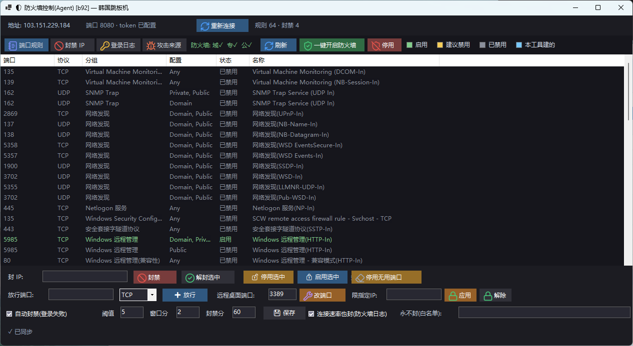 图 7:Linux 端口规则 —— 列:动作 / 端口(服务) / 协议 / 来源 / 区域 / 备注
